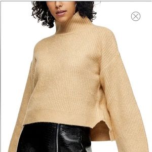 Topshop Funnel Neck High-Lo Cropped Long Sleeve Sweater Camel / Tan Size L
